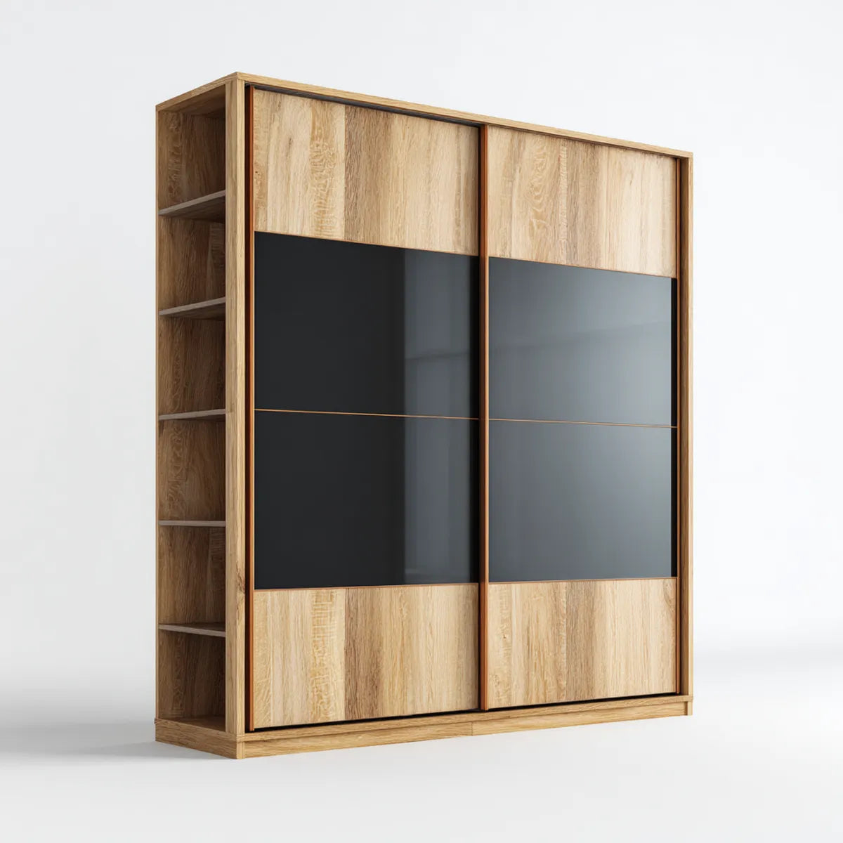 Schwebetürenschrank Eichefarben Schwarz mit 2 Schiebetüren und Seitenregal 180 x 60 x 220 cm Spanplatte Glas rechteckig