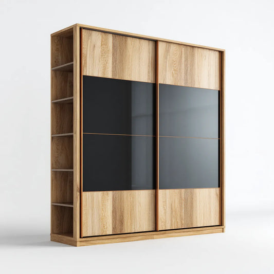 Schwebetürenschrank Eichefarben Schwarz mit 2 Schiebetüren und Seitenregal 180 x 60 x 220 cm Spanplatte Glas rechteckig