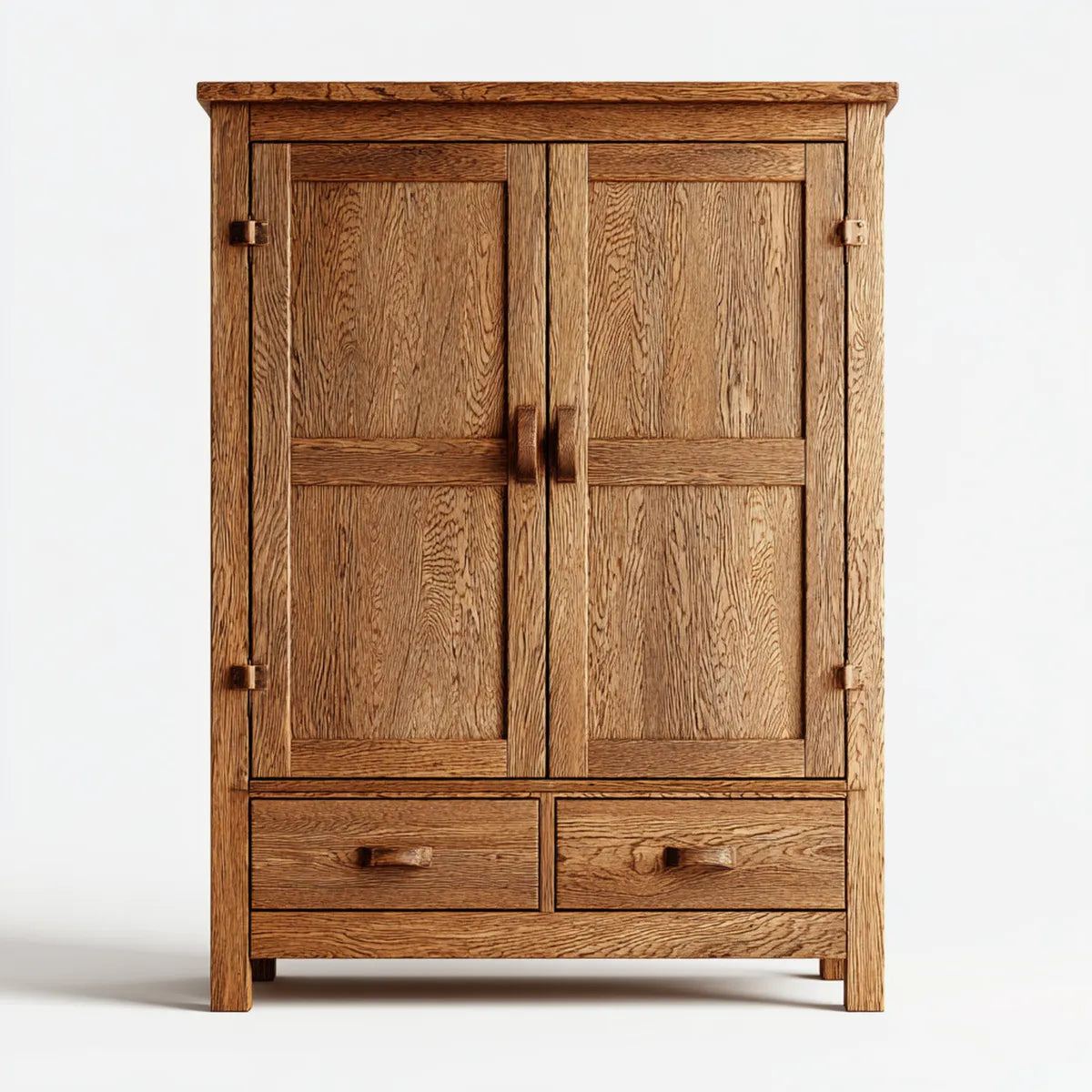 Kleiderschrank aus massivem Eichenholz Naturbraun mit 2 Türen und 2 Schubladen 110 x 55 x 190 cm