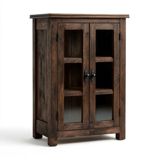 Vitrine aus Mango-Massivholz dunkelbraun mit 2 Glastüren rechteckig 90 x 40 x 120 cm