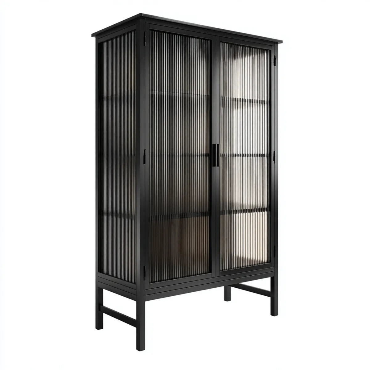 Vitrine schwarz 80 x 40 x 160 cm aus pulverbeschichtetem Stahl mit geriffeltem Glas rechteckig