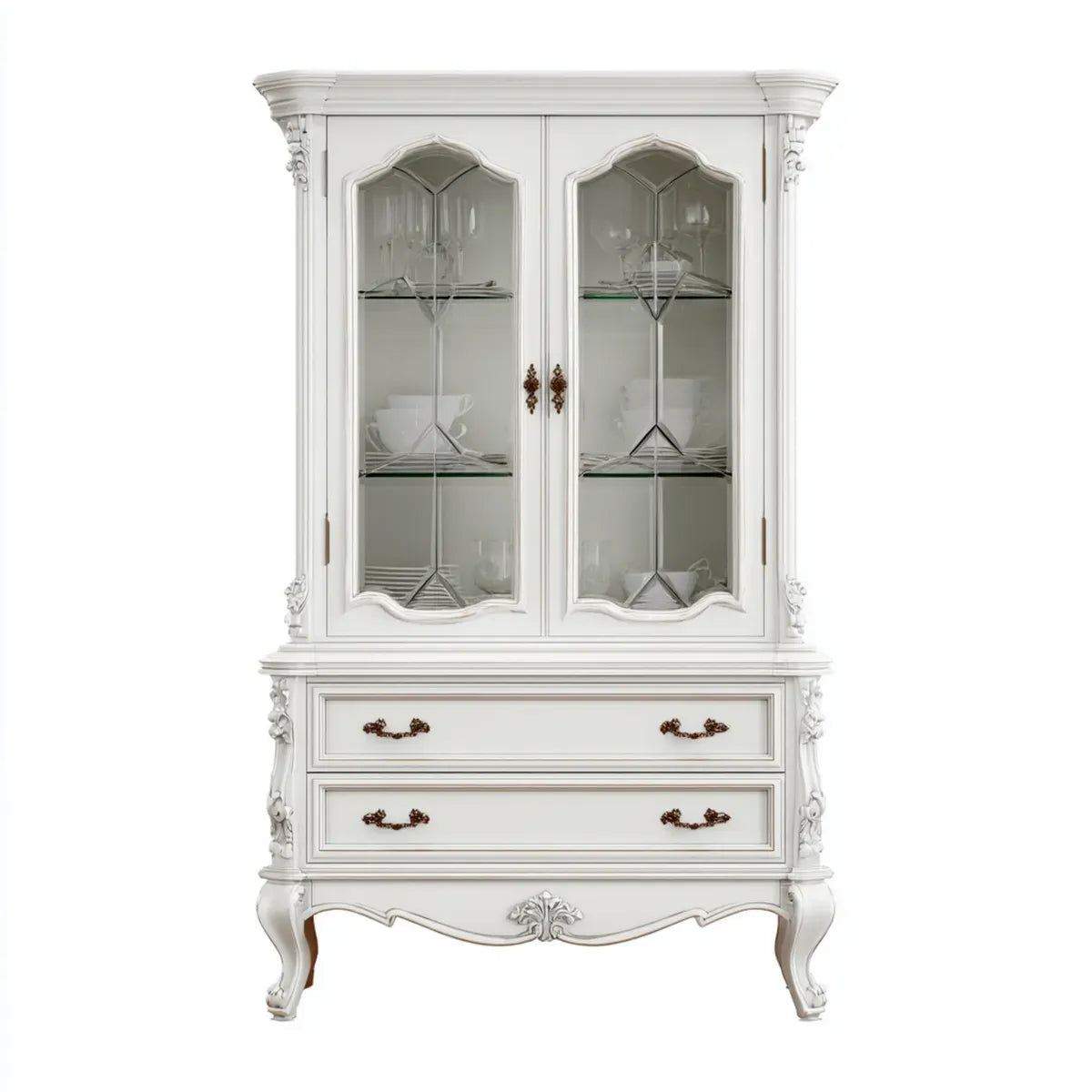 Vitrine Weiß 110 x 45 x 200 cm mit 2 Glastüren 2 Schubladen und Holzwerkstoffrahmen