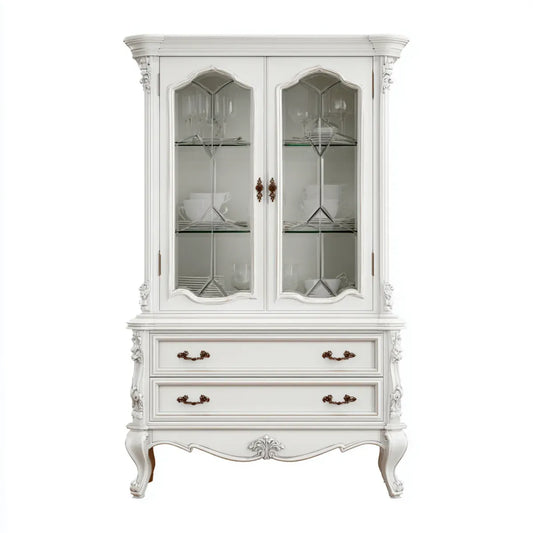 Vitrine Weiß 110 x 45 x 200 cm mit 2 Glastüren 2 Schubladen und Holzwerkstoffrahmen